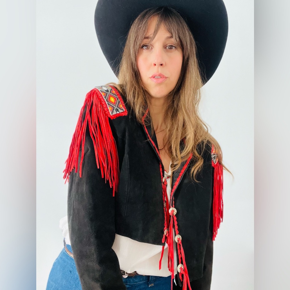 Vintage cropped black suede fringed jacket